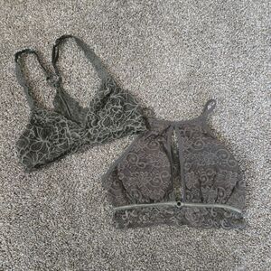 Women's Green Lace Halter Criss Cross Back Set of Two Bralette Bra Small